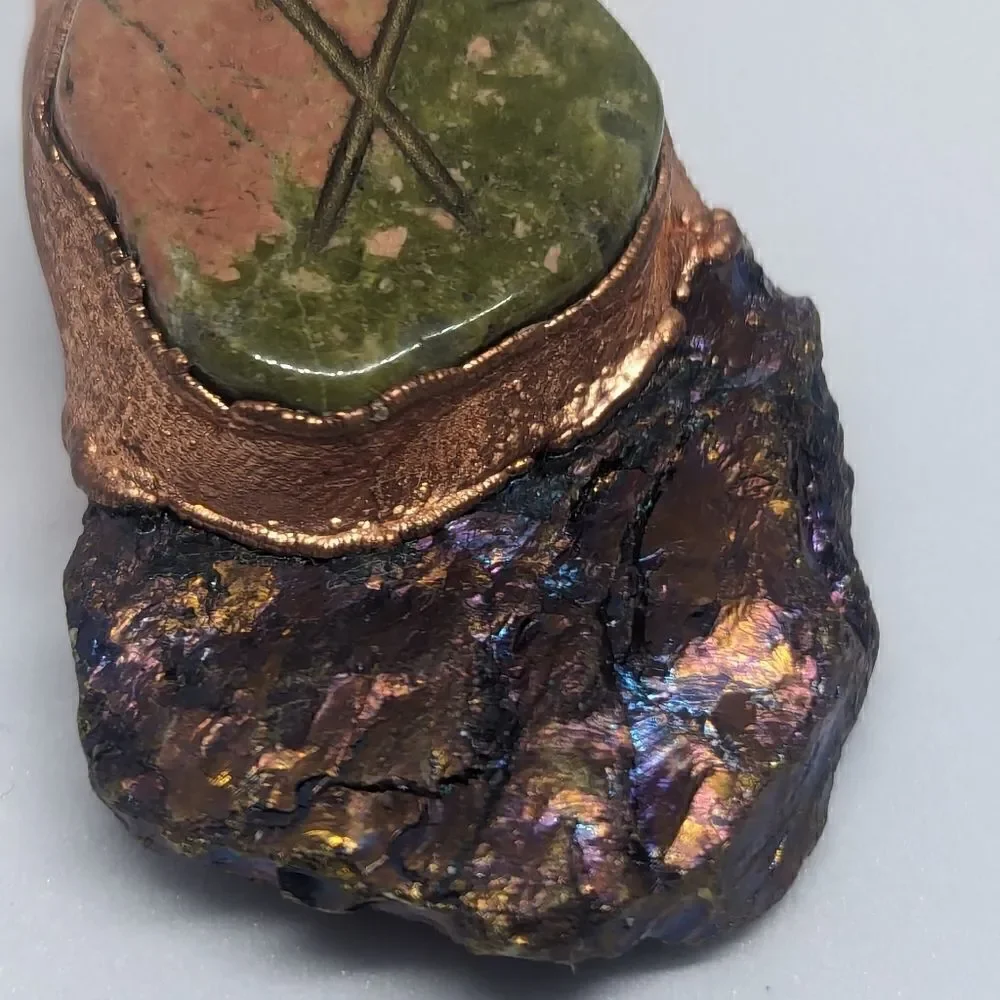'Ameliana' Unakite Rune, Bornite & Ruby Necklace